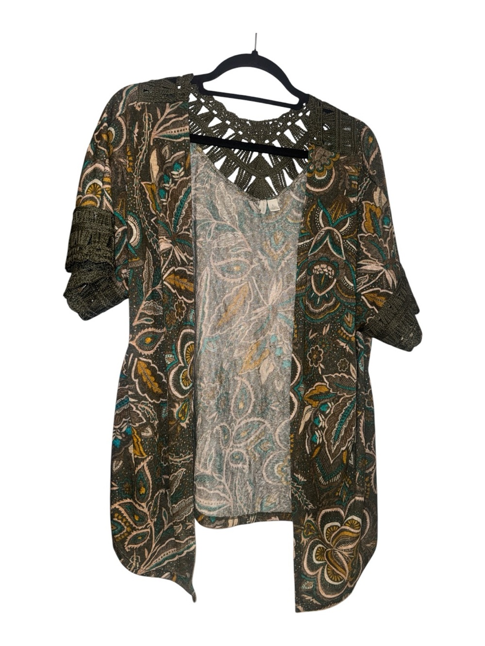 Cato Olive Green Floral Open-Front Tunic with Crochet Yoke